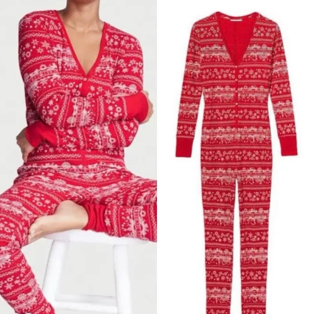 Victoria’s Secret Red Fair Isle Christmas Onesie Pajamas Loungewear L
